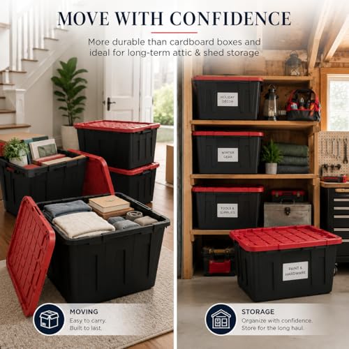 27 Gallon Heavy Duty Storage Tote with Lid, Stackable & Nestable Plastic Storage Bin for Garage, Large Tote Box Organizing Container, Black Red (2) - size: 2