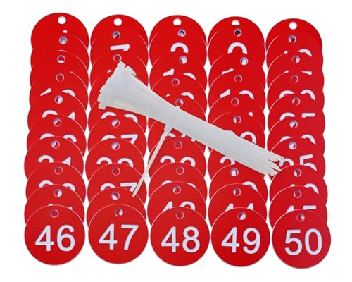 ONLYKXY Plastic Number Tag 1-50 Numbered Marking Identification Hang Tags Luggage Labels ID Tag with Rings for Organized Coded Key Box Cabinet Plant Coding Tag (Red) - color: Red