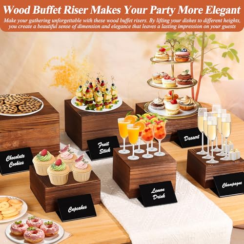 Qinzave 7 Pack Wooden Risers Display Stands with Acrylic Maker Pen and Mini Sign, Food Risers for Buffet Table Shelf Display Stand for Party Catering Dessert Cupcake Jewelry - color: 8.8" 8" 7" 6.5" 6" 5" 5"