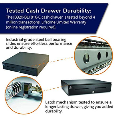 APG Heavy Duty 18" Point of Sale Cash Drawer | Series 4000 JB320-1-BL1816-C | MultiPRO 320 Interface with CD-101A Cable | Printer Driven | Plastic Till with 5 Bill/ 5 Coin Compartments | Black - color: Printer-Driven 24V (with cable) - Black w/ Painted Fr
