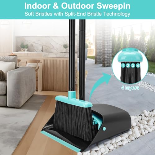 Upgrade Broom and Dustpan Combo Set, Extendable 52" Long Handle Broom for Easy Sweeping, Self-Cleaning Dust pan Teeth for Pet Hair, Perfect for Home, Kitchen, and Office