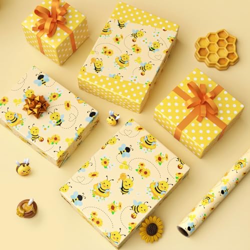 WERNNSAI Bee Daisy Wrapping Paper - 33 ft Honey Bee Wrapping Paper for Kids - color: Bee and Daisy