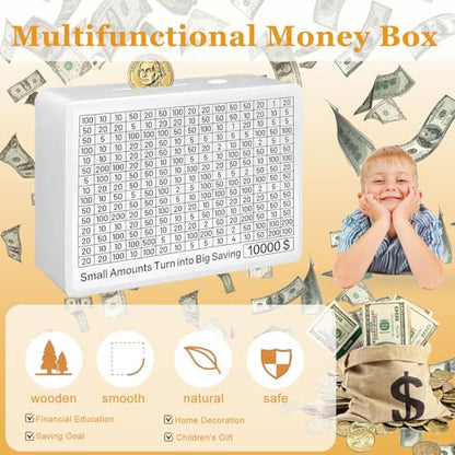 White Wooden Money Box with Interactive Savings Jar for Adults, Kids, Boys & Girls – Unbreakable Piggy Bank to Track Progress, Cash Vault Wooden Savings Box, Great Gift for Children - color: White