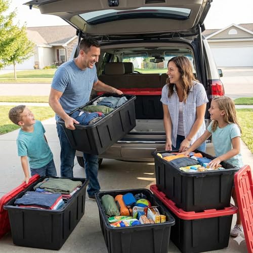 27 Gallon Heavy Duty Storage Tote with Lid, Stackable & Nestable Plastic Storage Bin for Garage, Large Tote Box Organizing Container, Black Red (2) - size: 2