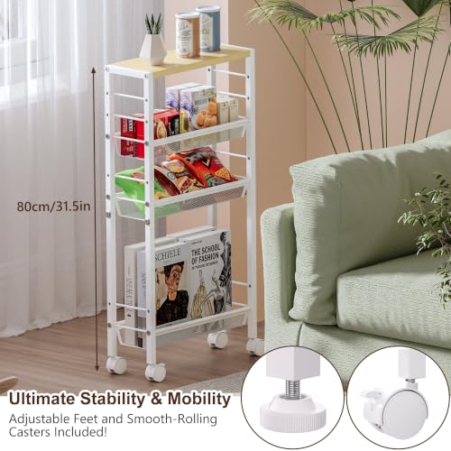 Slim Rolling Cart, 4-Tier Narrow Kitchen Storage Cart, Slim Utility Cart on Wheel, Skinny Bathroom Storage cart with Wood Tabletop, 6.0" Deep, for Kitchen, Living Room, Laundry Room, White - color: White
