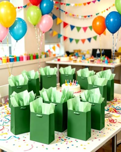 qiqee 10PCS Deep Green Mini Gift Bags with Tissue Paper Handles 6.3"x4.7"x2.4" Small Size Present Party Favor Bags（Tissue Paper Included ） - color: Deep Green, size: 1 Count (Pack of 10)