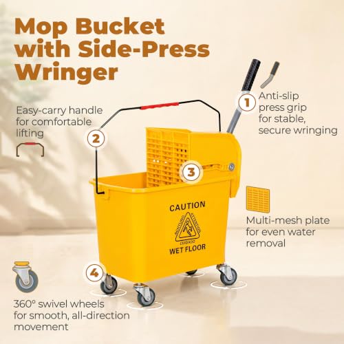 HOMCOM Commercial Mop Bucket Side Press Wringer Wheels 21 Quart Yellow - color: Yellow, size: 21 Quart