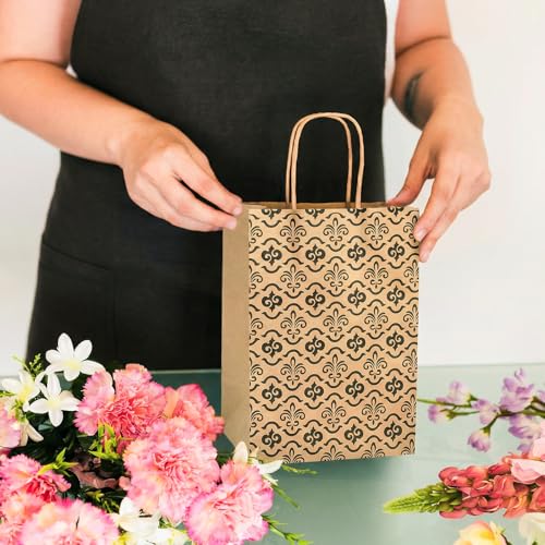 Elsjoy 100 Pack 4 Styles 5" x 8" Small Kraft Paper Gift Bags with Handles, Brown Paper Party Favor Bags, Vintage Paper Goodie Bags for Wedding, Birthday