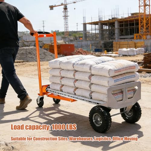 Heavy Duty Folding Hand Cart 1000LBS with Pneumatic Wheels, 4-Mode Aluminum Platform Dolly for Construction, Industrial, Moving, 51" Flatbed - color: Black-orange