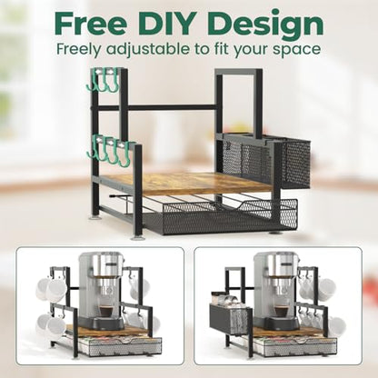 EsLuker.ly Coffee Bar Station Organizer with K Cup Drawer, 7 Mug Hooks - color: Black+Dark Brown