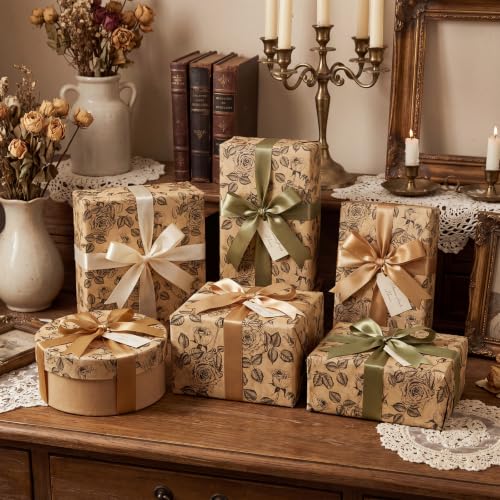 mypartyco Kraft Floral Wrapping Paper Roll- Mini Roll-17 Inch x 19.7 Feet