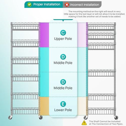 SINGAYE 6 Tier Shelf Wire Shelving Adjustable Storage Shelves Basket Rack - color: Silver, size: 6-Tier[13.5"Dx13.5"Wx63"H]
