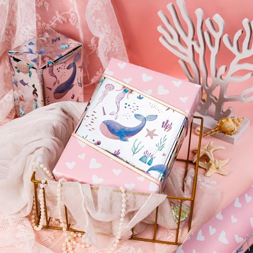Homeral Reversible Mermaid Wrapping Paper Roll - Metallic Foil Whale, Turtle, Shell, Ocean-Themed with Pink Heart for Girl Birthday, Baby Shower - Mini Roll - 17 Inch x 33 Feet - color: Silver Mermaid, size: 17in*33ft