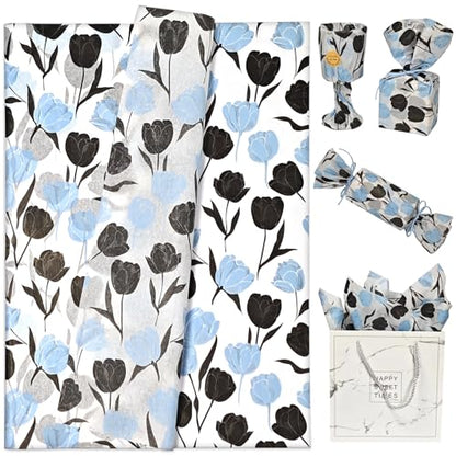 LIAPAWPAW Halloween Floral Tissue Paper with Blue & Black Tulip Pattern, 60 Sheets, 20 x 14 inches, Elegant Flower Tissue Paper for Gift Bags, Boxes, Craft, Decoupage, Gift Wrapping for Holiday - color: White With Light Blue And Black Tulip Pattern