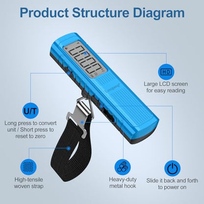Battery-Free Digital Luggage Scale, 110lbs/50kg Portable Handheld Hanging Scale for Luggages, Suitcases, Backpacks & Bags, Easy Weighing for Travel, No Need Batteries (Blue) - color: Blue