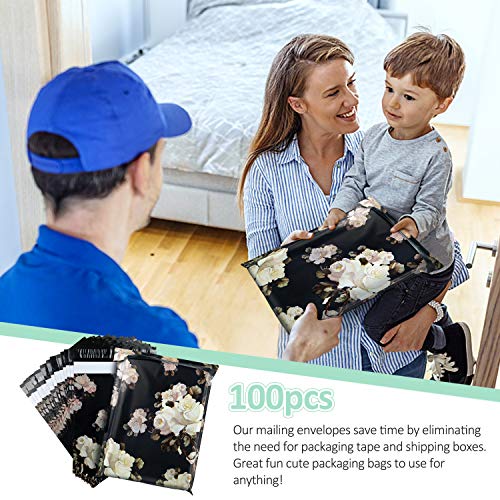 10X13 (100 Pack) Floral Pattern Poly Mailer Envelope Plastic Custom Mailing & Shipping Bags - Self Seal (White Rose) - color: White Rose