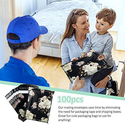 10X13 (100 Pack) Floral Pattern Poly Mailer Envelope Plastic Custom Mailing & Shipping Bags - Self Seal (White Rose) - color: White Rose