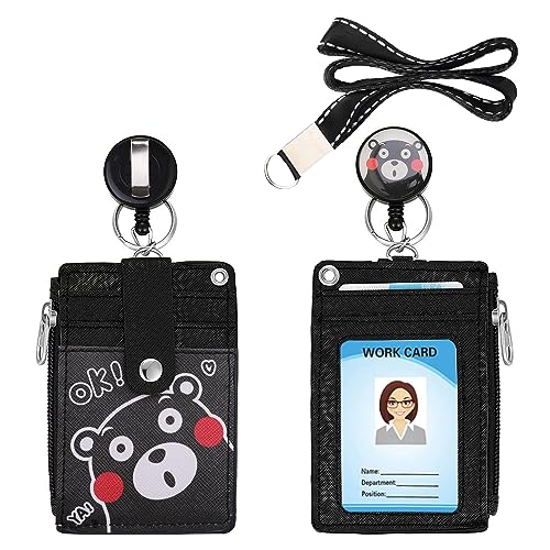 【2025 Latest】Cute ID Badge Holder Retractable Lanyard Reel Clip with Heavy Duty Carabiner, 5 Card Slots in 2 Sided with Key Ring and Zipper for Women Students Teens Girls Office Staff (Black OK Bear) - color: Black Ok Bear