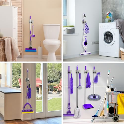 Broom Holder Wall Mount Rack, 304 Stainless Steel Mop and Tool Organizer - color: Silver-Black