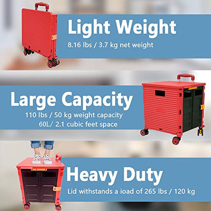 Quick Utility Cart Four -Rotate Wheeled Collapsible Handcart with Durable Heavy Duty Plastic Telescoping Handle for Travel Shopping Moving Luggage Office Use - color: Red