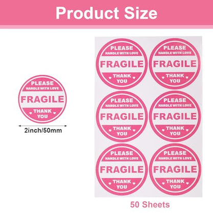 300Pcs 2 Inch Pink Round Fragile Stickers Adhesive Handle with Care Thank You Labels for Shipping Mailing Cartons Pallets