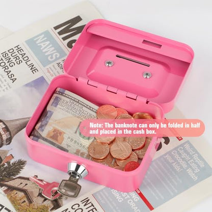 Cash Box with Lock Small Cute Coin Lock Box with Money Slot Mini Portable Gamblers Safe Box 4.5"x3.4"x2.4" Pink - color: Pink-Mini