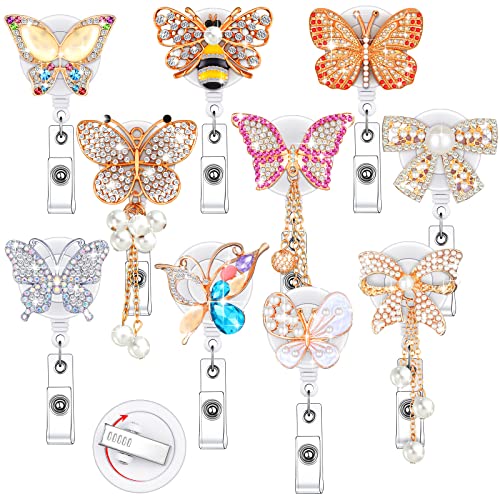 Teling 10 Pcs Butterfly Badge Reels Retractable Butterfly Animal Style Bling Rhinestone Badge Holders with Alligator Clip for Nurse ID Name Card Teacher Students Volunteers and Employees - style: Butterfly Style