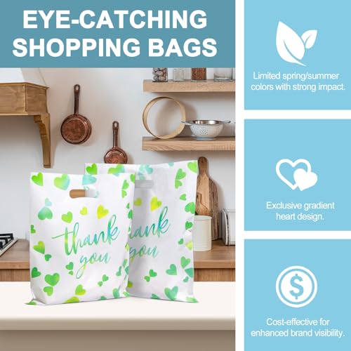 WAKAKO Bulk 100 Green Thank You Shopping Bags with Handles – Durable Plastic Retail Bags for Business Small, Boutique, Gifts, Merchandise (Large 15"x12") - size: Large
