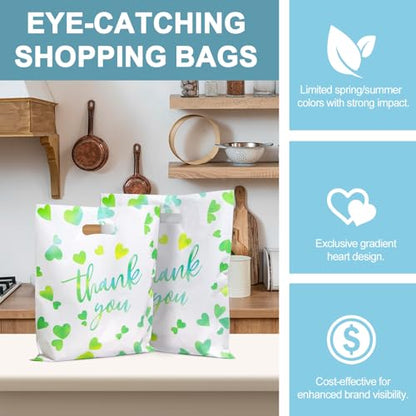 WAKAKO Bulk 100 Green Thank You Shopping Bags with Handles – Durable Plastic Retail Bags for Business Small, Boutique, Gifts, Merchandise (Large 15"x12") - size: Large