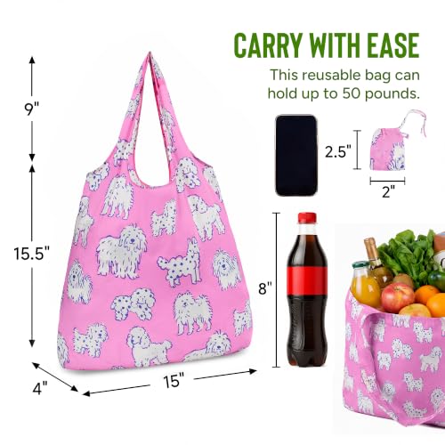 Stelle Lightweight Reusable Grocery Bag with Handles Ripstop Nylon Foldable Tote Shopping Bags for Travel and Groceries - color: Charlie Pals | Pink