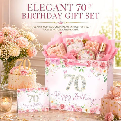 QISOLIY Pink Floral 70th Birthday Gift Bag for Women, Large Happy 70th Birthday Gift Bag with Tissue Paper and Greeting Card Included, Elegant Birthday Present Bag for Mom, Grandma, Sister and Friend - color: 70th