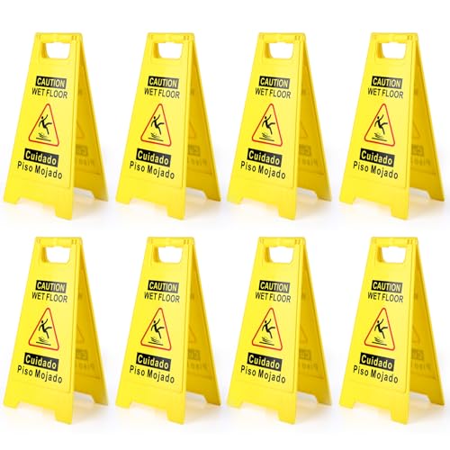 8-Pack Caution Wet Floor Sign,17.5" Height,Bright Yellow Double-Sided Folding A-Shaped Frame Design, Bilingual Caution Message - color: 8PACK Yellow
