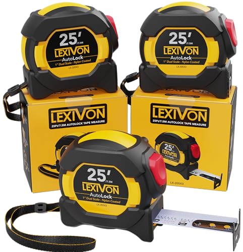 LEXIVON [3-Pack] 25Ft/7.5m AutoLock Tape Measure | 1-Inch Wide Blade with Nylon Coating, Matte Finish White & Yellow Dual Sided Rule Print | Ft/Inch/Fractions/Metric (LX-205X3) - size: 25 ft 3-Pack