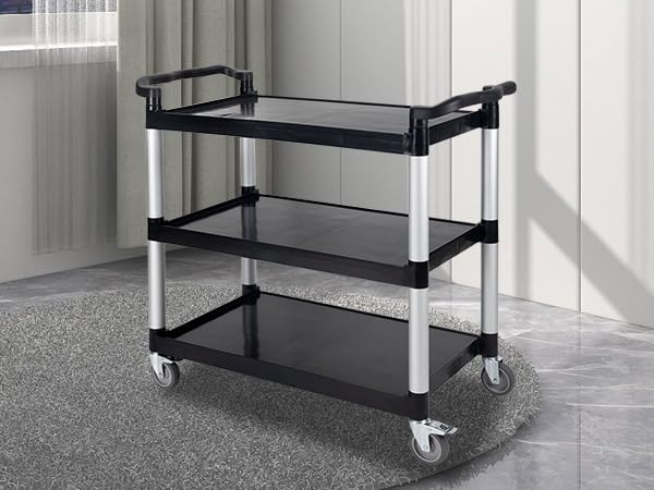 UNICOO® Heavy Duty 3-Tier Rolling Cart, Service Utility Cart on Wheels, 550lbs Capacity, Lockable & Silent Wheels, Anti-Rust, Easy Clean for Restaurant, Office, Dorm, Garage, Kitchen Storage - color: Black