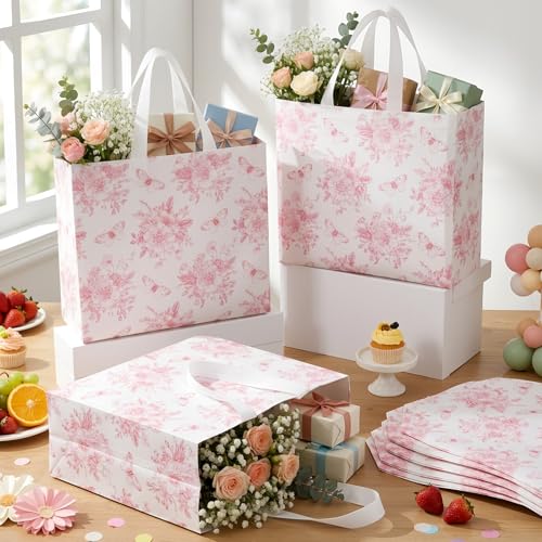 Abbylike 30 Pack Pink Floral Reusable Gift Bags with Handles, Party Favors - style: Pink Floral
