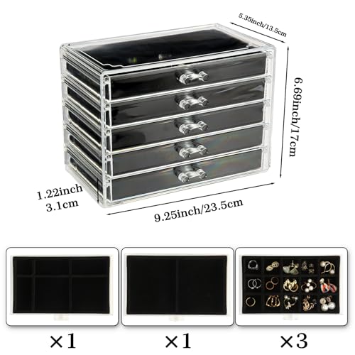 GUOER Earring Organizer, Acrylic Jewelry Box with 5 Drawers for Women,Black - color: Black