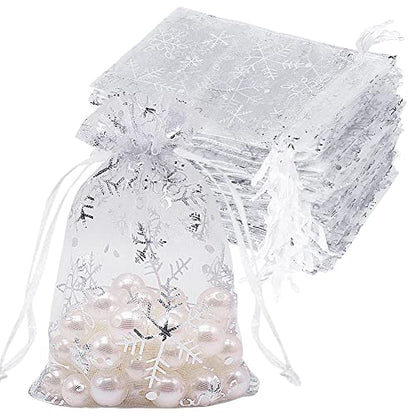 HRX Package 100pcs Snowflake Organza Gift Bags Christmas 4x6 inch, Small White Mesh Jewelry Pouches Little Drawstring Candy Bags - color: White-Snowflake