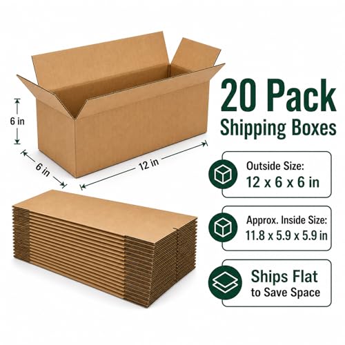 12x6x6 Brown Kraft Shipping Boxes for Small Business, 20 Pack - size: 12x6x6 Inch