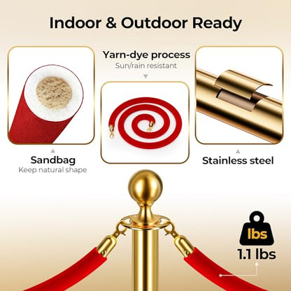 CAMMOO 6 Pack Gold Stanchions and Velvet Ropes