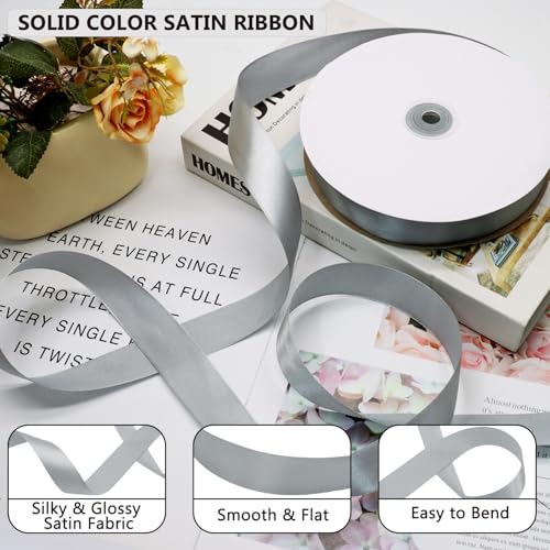 Grey Satin Ribbon 1 Inch 100 Yards, for Wedding Gift Wrapping - color: Grey