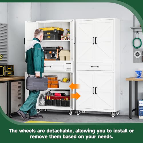 Letaya Metal Garage Storage Cabinets with Wheels,White Rolling Tool Cabinet - color: White, size: 15.7” D x 32” W x 73” H
