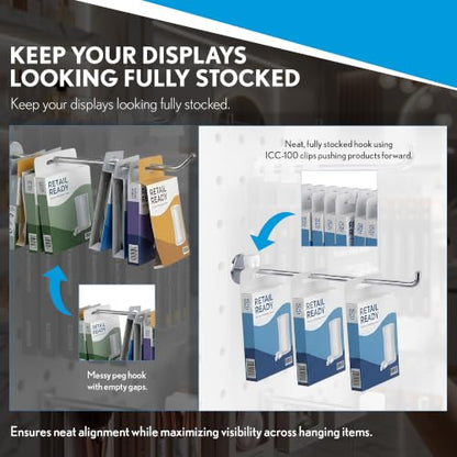 Clip Strip Inventory Control Clips, 100 Pack, Peg Hook Product Stoppers, Fit .15" to .25" Diam. Plastic or Metal Hooks, Inexpensive Product Display Control, Pegboard Accessories, Corp.