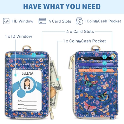 Flowers Butterfly Lanyard Wallet with ID Badge Holder, Small RFID Keychain - color: Butterfly Flower