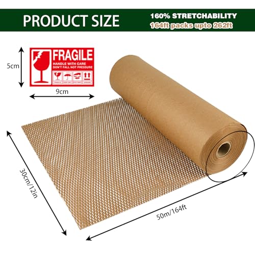 Honeycomb Packing Paper,12" W x 164' L with 24 Fragile Sticker Labels，Eco Friendly Recyclable Packing Paper，Bubble buffer film packaging substitute，for Moving,Products & Gifts Wrapping Paper（Brown）