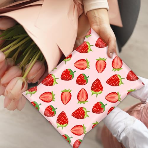 Whaline 100Pcs Strawberry Poly Mailer 10 x 13 Inch Pink Red Fruit Mailing Bag Cute Self-Sealing Plastic Packaging Envelope Bag for Small Business - style: Strawberry
