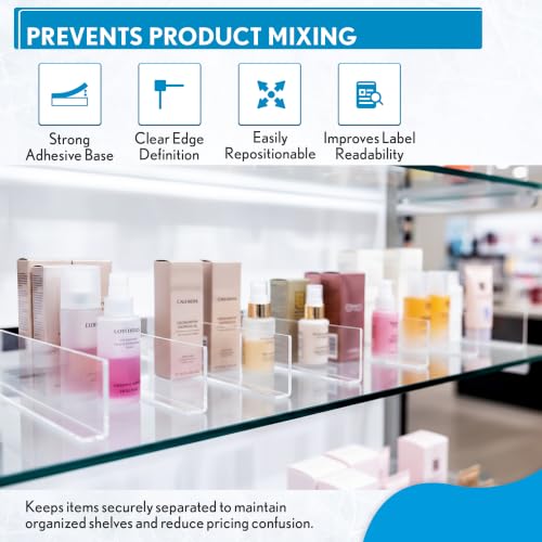 Clip Strip 50 Pack Shelf Dividers for Retail Stores, 1" H x 9-9/16" L, 15 mil Crystal Clear PVC Adhesive Mount Retail Shelf Separator Corp., SD-1510