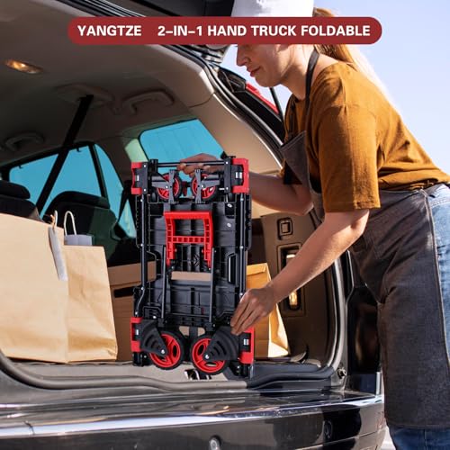 2 in 1 Folding Hand Truck Dolly with Basket,330LB Hand Cart Foldable - color: A-red