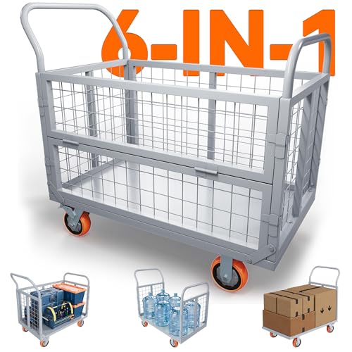 YITAMOTOR 2000lbs Platform Truck Cart w/Cage, 6-in-1 Foldable Flatbed Cart