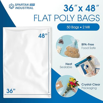 36" X 48" Open-End Flat Poly Bags (50 Count) - 2 Mil Clear Plastic Bags - size: 36” X 48”
