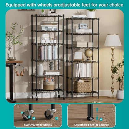 SINGAYE 6 Shelves Storage Shelf Wire Shelving Unit Metal Adjustable Wheels - color: Black, size: 6Tier/11.5"D X 17.5"W X 61.5"H